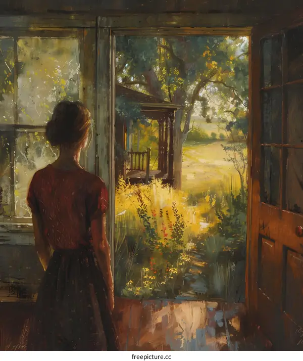 Woman Looking Out of Window at Rustic Home