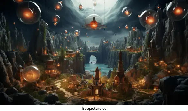 Fantasy Village In A Valley With A River And Floating Glowing Orbs