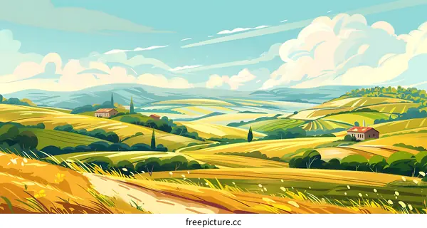 Summer Landscape with Rolling Hills and Houses
