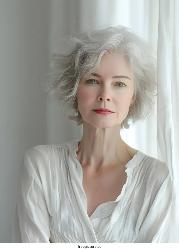 Portrait of a Woman with Gray Hair and White Blouse