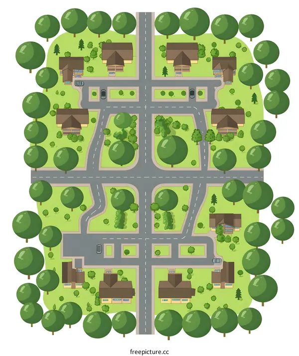 Aerial View of a Small Town with Houses and Trees