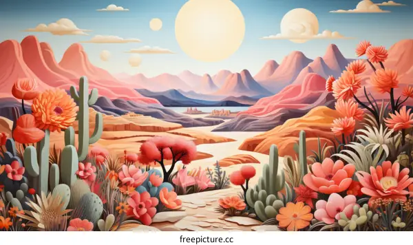 Surreal desert landscape with cacti and flowers