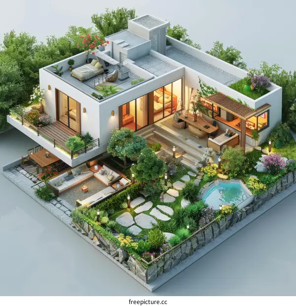 A modern house with a beautiful garden and a swimming pool