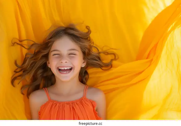 Little girl with long brown hair smiling happily against a solid yellow background