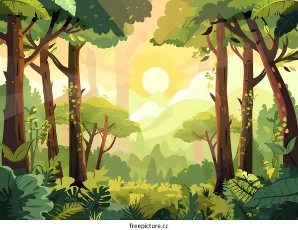 Forest Landscape with Sun Shining Through Trees