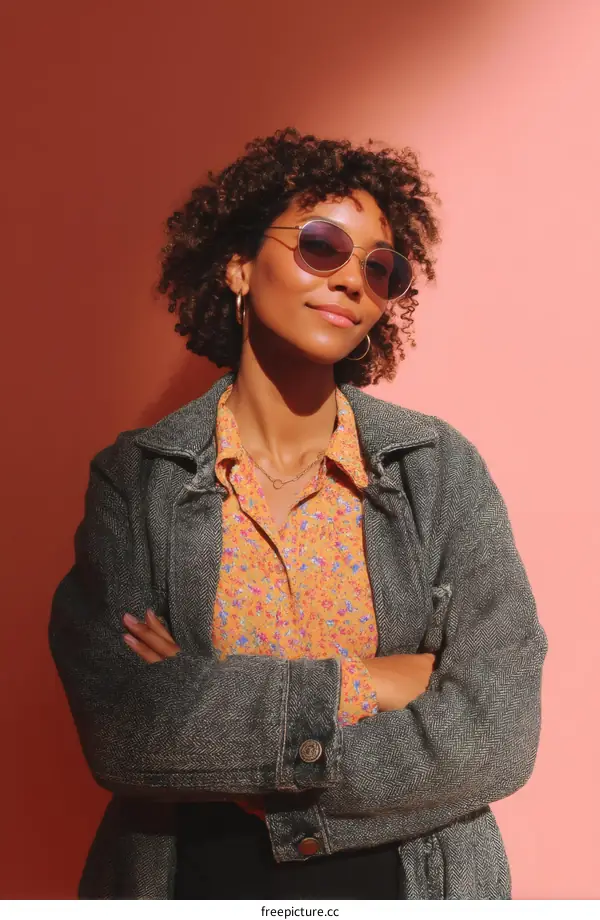 Stylish Black Woman in Trendy Outfit Against a Coral Background