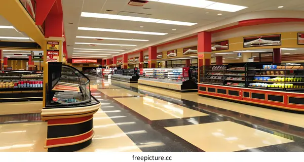Grocery Store Aisle With Refrigerated Food Displays