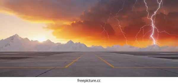 Dramatic Sunset over Snowy Mountains with Lightning