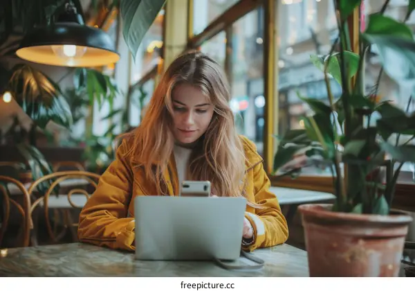 Young woman using laptop and mobile phone in cafe