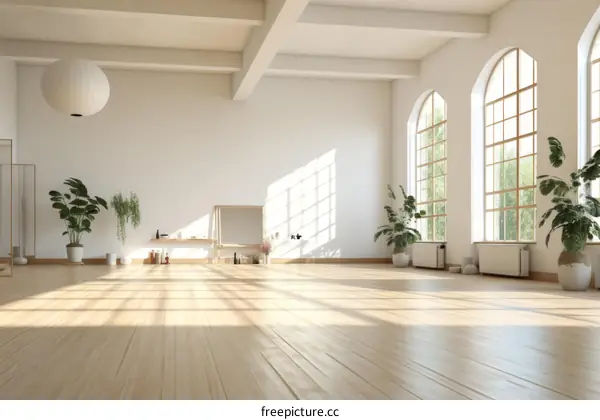 Bright and Airy Yoga Studio with Plants and Large Windows