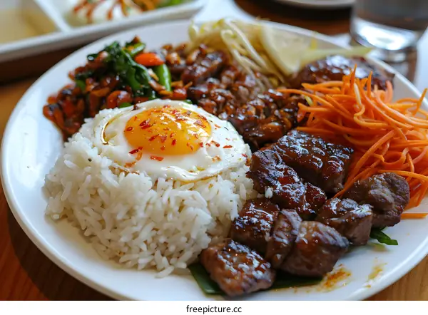 Rice with meat and fried egg on a plate
