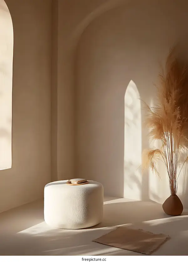 Minimalist Interior Design with White Round Ottoman
