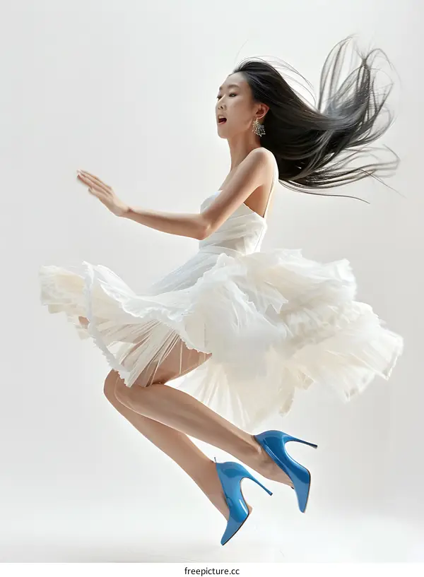 A woman in a white dress and blue heels is jumping in the air.