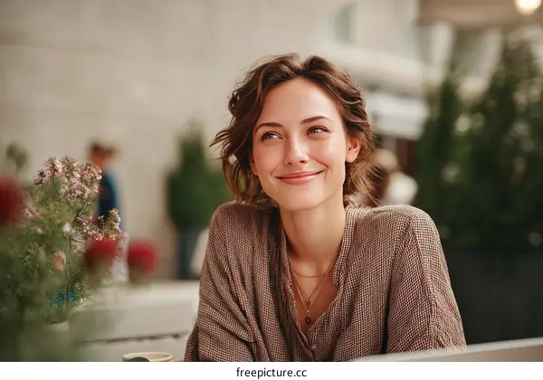 Smiling woman enjoying outdoor cafe