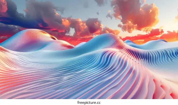 Vibrant Sunset over Surreal Wave-Like Hills