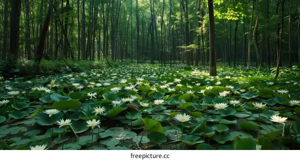 Mystical Forest Glade Full of White Water Lilies