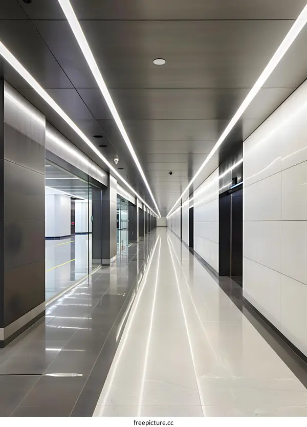 Modern Office Corridor Interior Design With Grey And White Walls And Bright Lighting