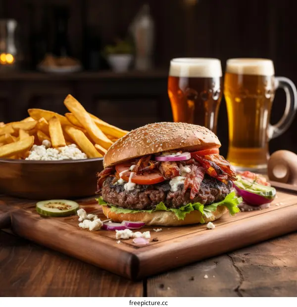 A delicious burger with fries and a glass of beer