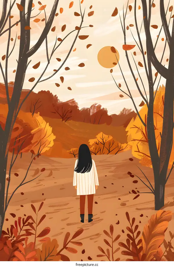 Autumn Illustration of a Woman Standing in a Forest