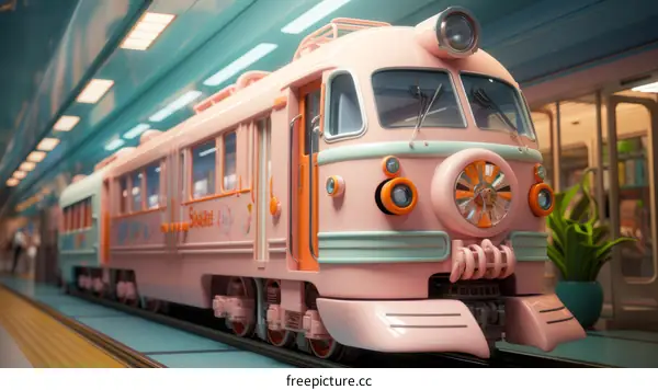 A pink and white train is sitting in a station.