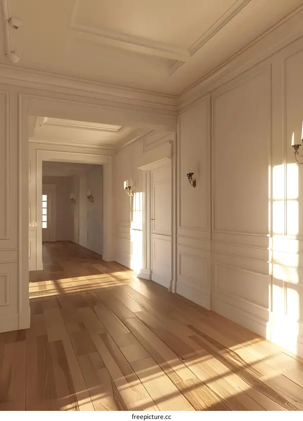 White Hallway Interior Design With Sunbeams