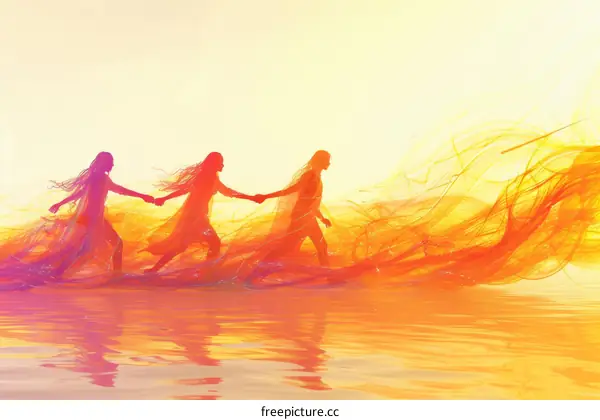 Three women walking in water holding hands with colorful scarves flowing behind them