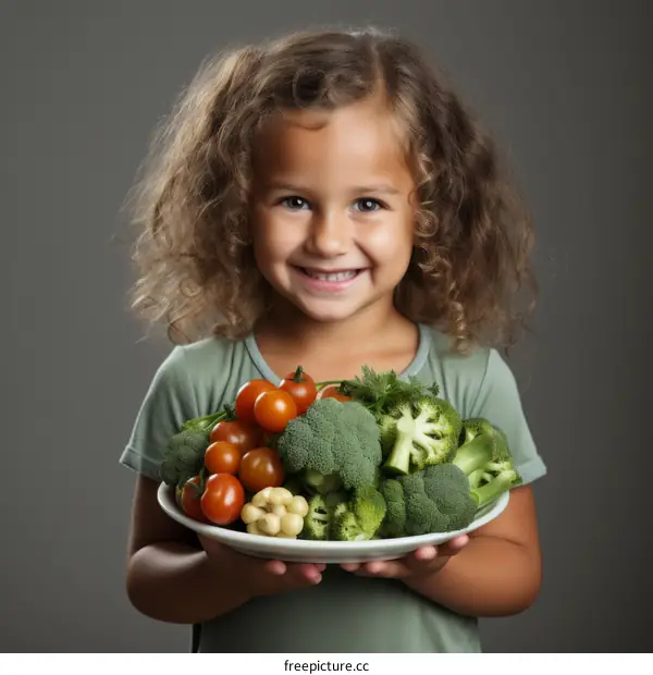 Little girl holding a plate of vegetables