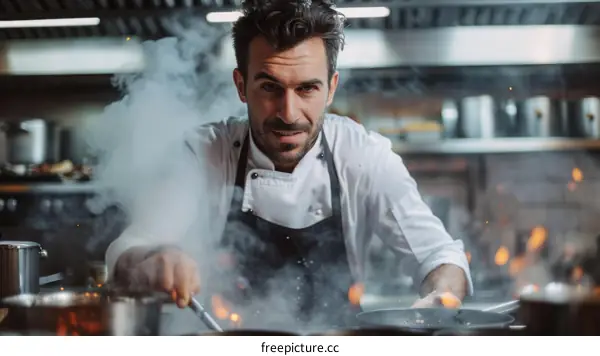 Confident male chef cooking in a commercial kitchen