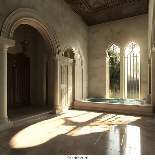Marble Bathtub In Luxurious Indoor Spa With Garden View