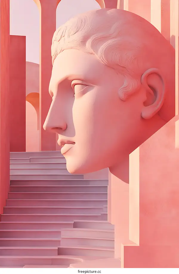 Pink Minimalist Statue Head with Stairs