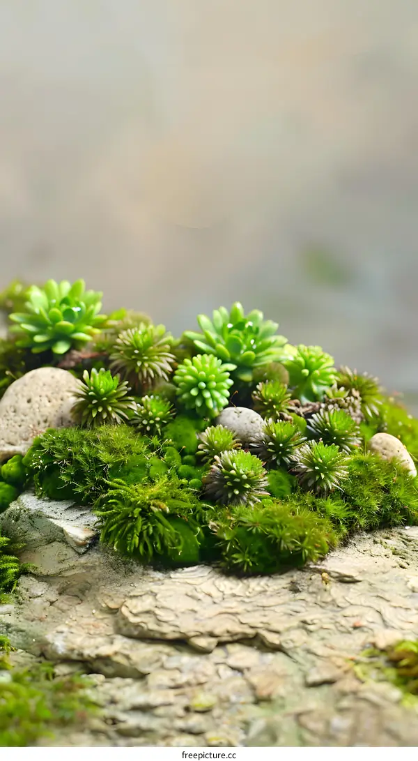 Green Moss and Succulents on a Rock