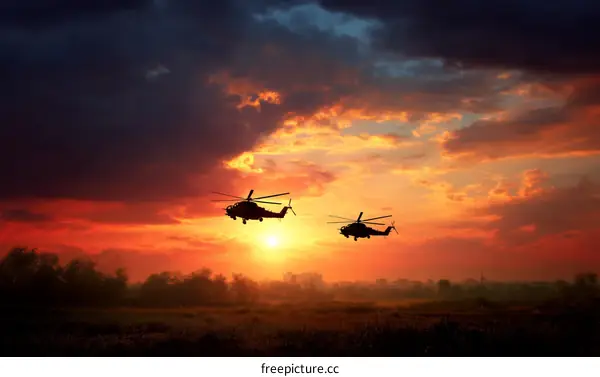 Silhouette of Helicopters at Sunset Over Landscape