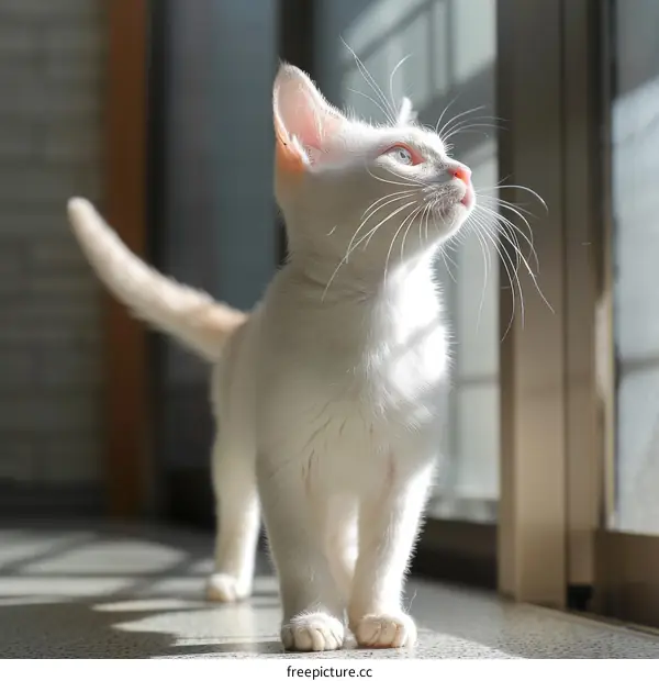 A white cat is looking out the window