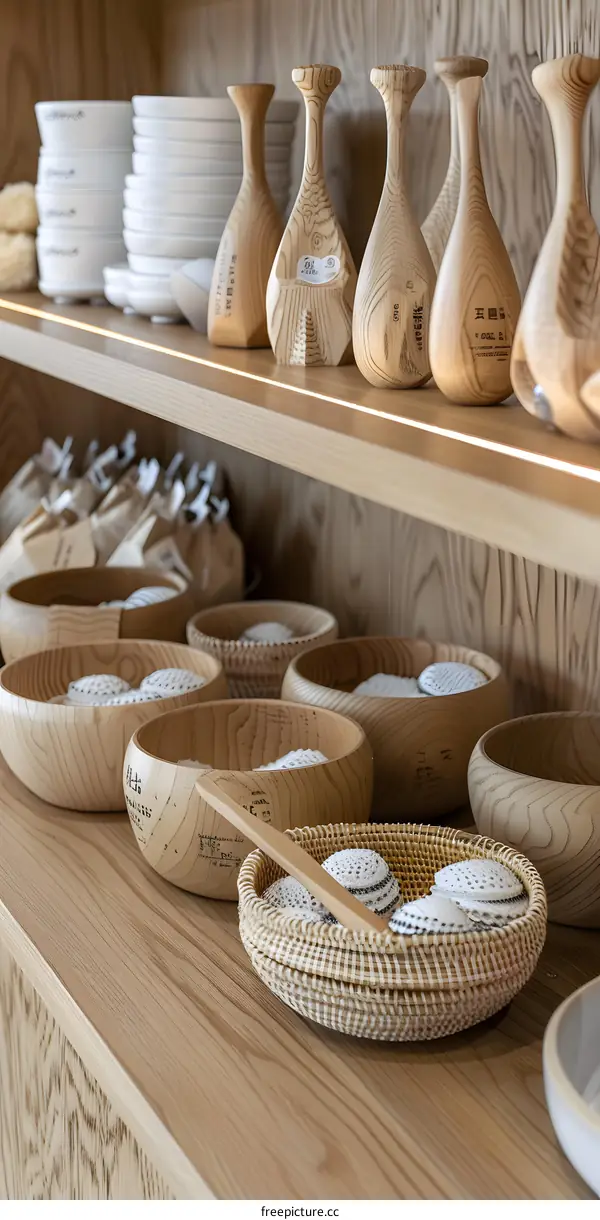Wooden Bowls and Vases on Wooden Shelves