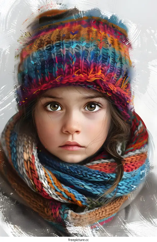 portrait of a girl wearing a colorful knitted hat and scarf