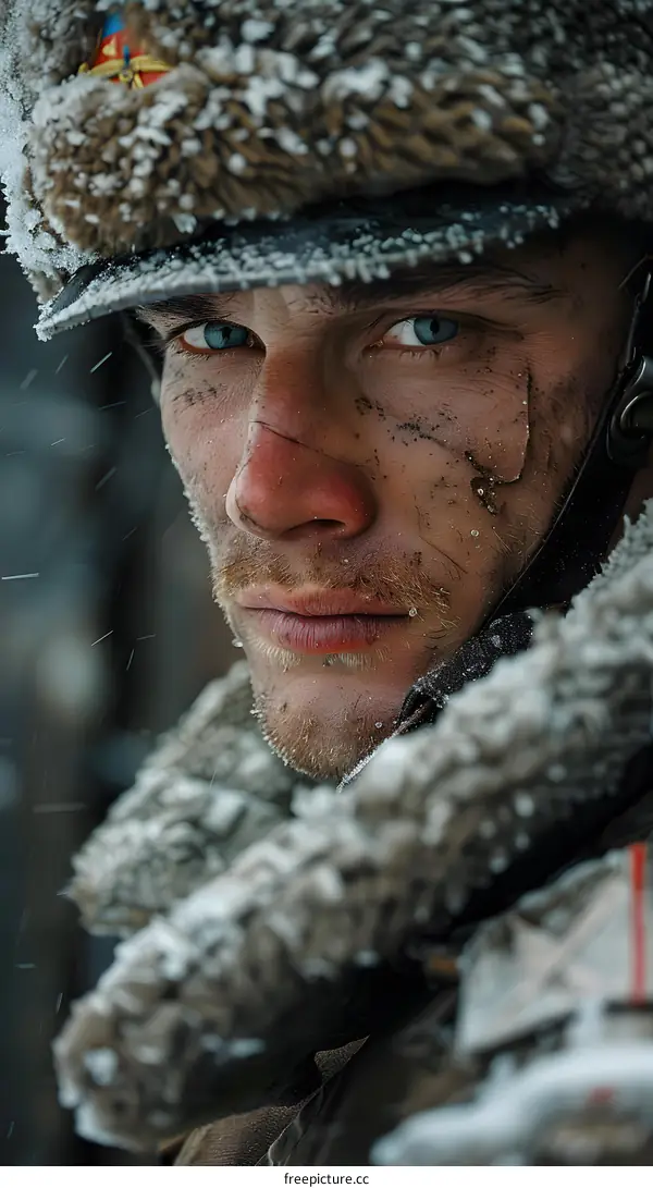 Portrait of a soldier in the snow