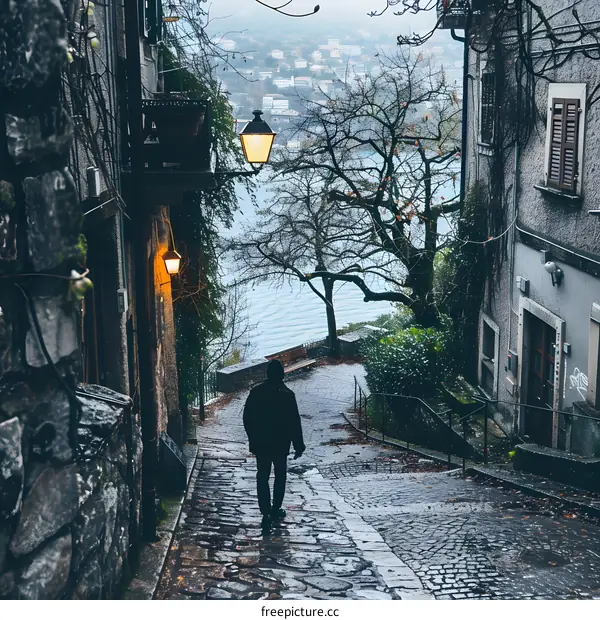 Man Walking Alone on a Cobblestone Street in Europe