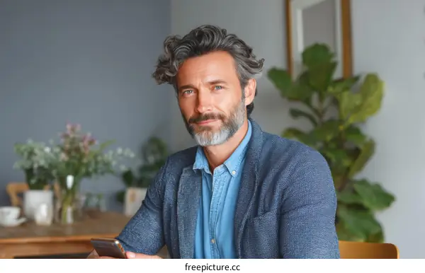 Middle-aged Caucasian Man Holding a Smartphone