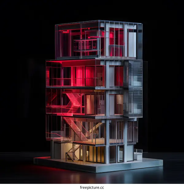 Glass Building Model with Red Lights
