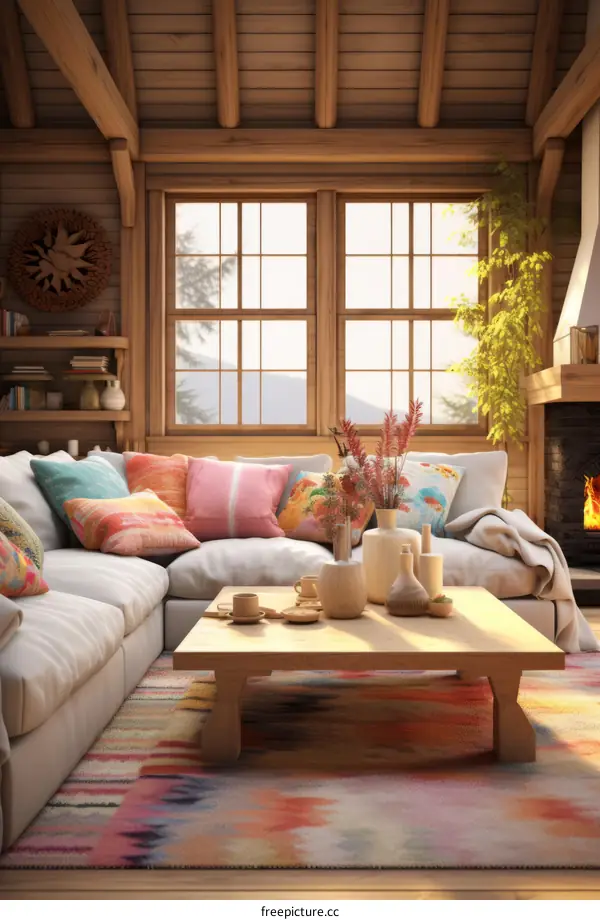 A cozy living room with a fireplace and a large sofa
