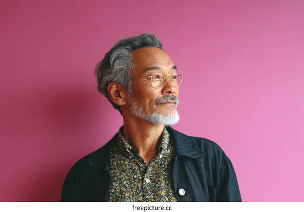 Thoughtful Senior Asian Man Portrait Against Vibrant Pink Background
