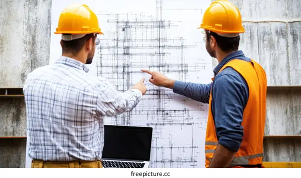 Construction Workers Reviewing Architectural Plans Outdoor