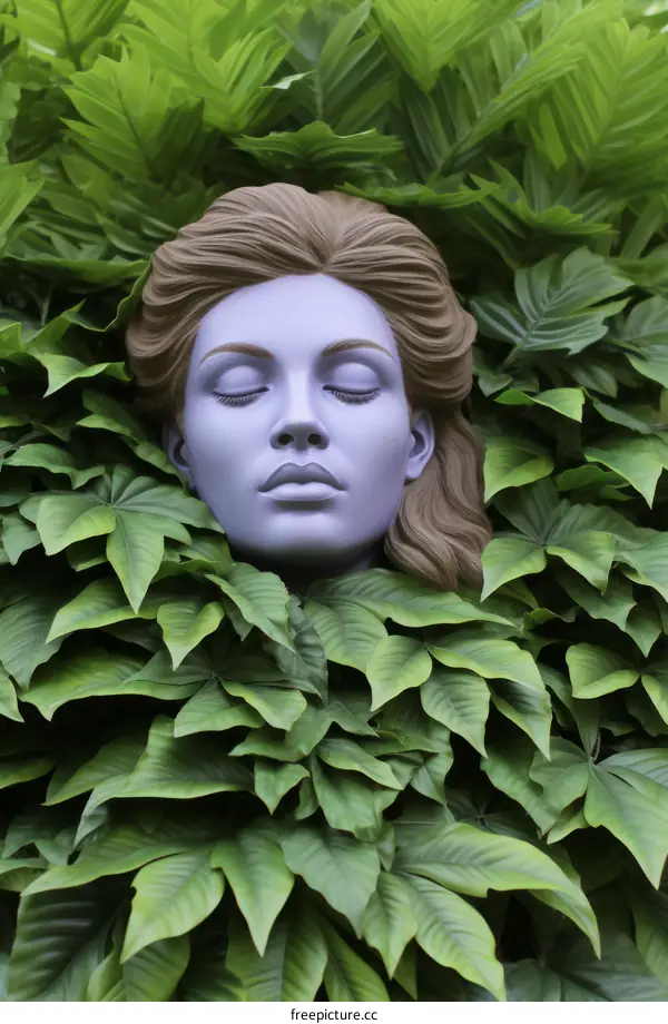 Head of a woman sculpture surrounded by green leaves