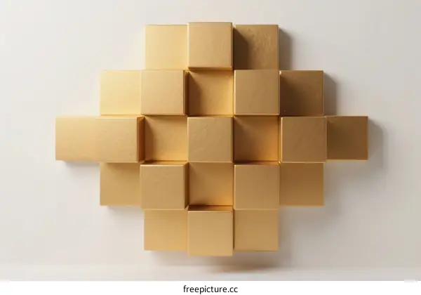Modern Geometric Artwork with Gold Cubes Arranged in Grid