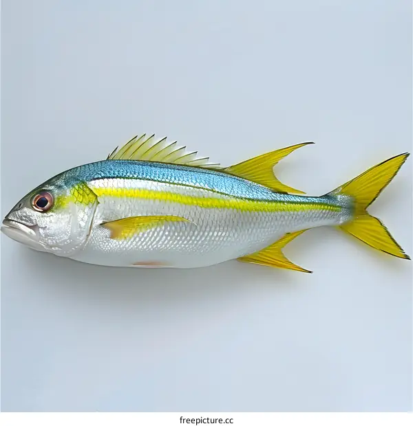 A yellow and blue fish on a white background