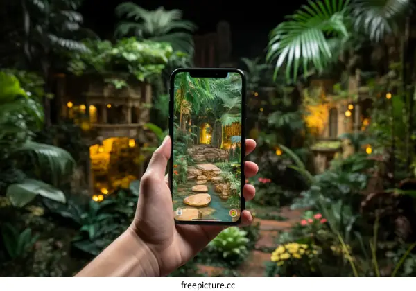 A hand holding a smartphone in a lush green jungle