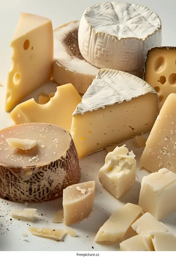 Assortment of Delicious Cheeses on White Background