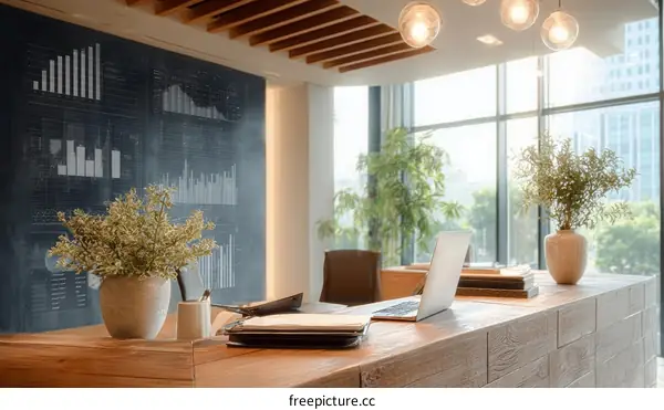 Modern Office Reception Desk with Data Wall