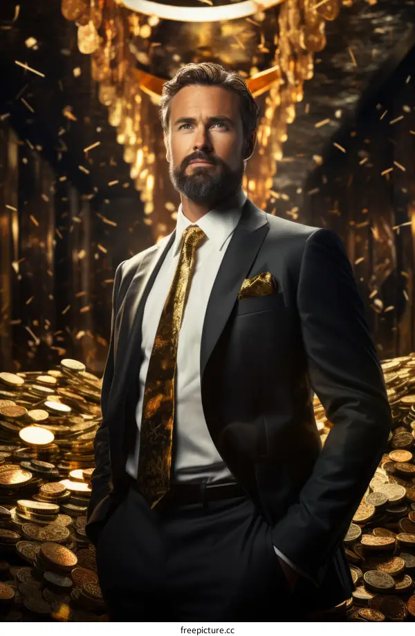 Confident man in suit standing in front of a pile of gold coins