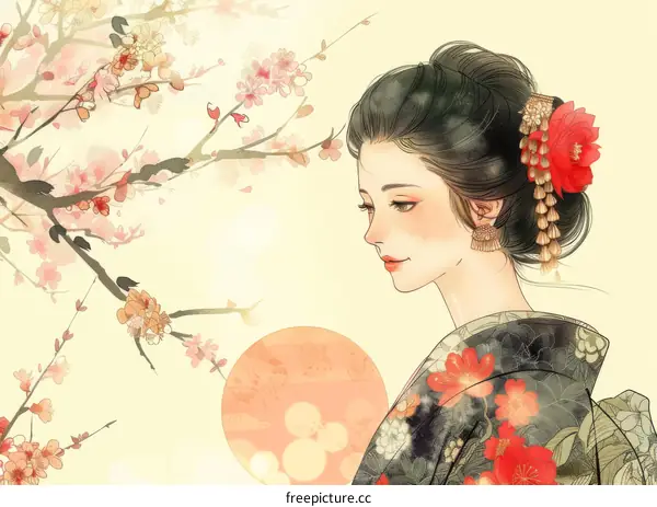 Beautiful Japanese Woman in Kimono with Cherry Blossoms